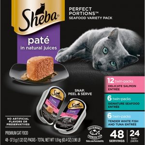 Perfect Portions Paté Wet Cat Food Trays (24 Count, 48 Servings), Signature Seafood Entrée, Easy Peel Twin-Pack Trays